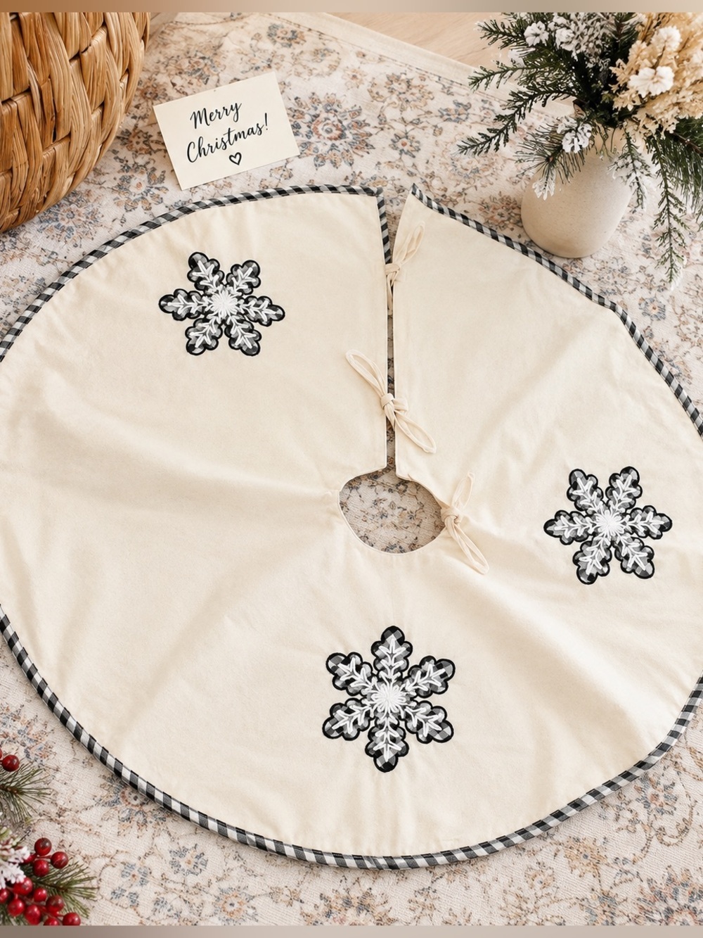 New Cream Snowflake Tree Skirt 48x48” with Black Plaid Trim - Holly Lane